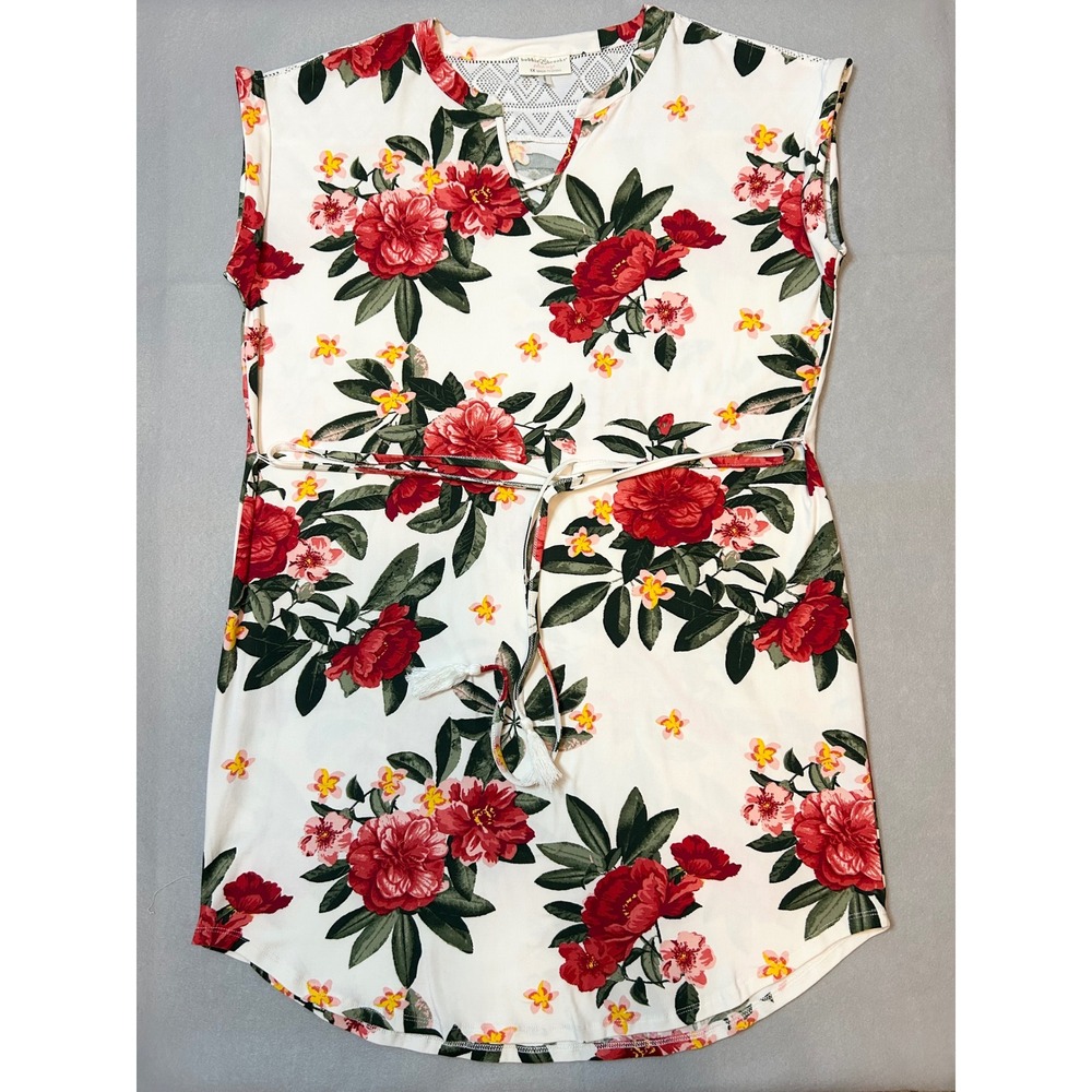 Bobbie Brooks Plus Size 1X Floral Tunic Top Red White Lace Back Tassel Tie Waist